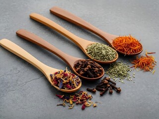 Rustic still life with spices. Wooden spoons filled with herbs, cloves and flowers.  Aromatic, savory, culinary, traditional, natural, flat lay.