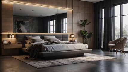 Obraz premium Modern bedroom with a minimalist design featuring a large bed, natural light, and stylish decor.