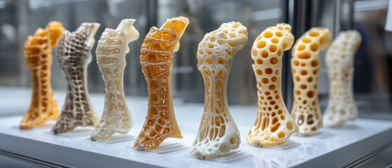 Innovative 3D models of bones with a porous structure showcase medical technologies, suitable for scientific backgrounds at exhibitions or in educational materials.