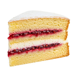 A delicious slice of victoria sponge cake with jam and cream filling