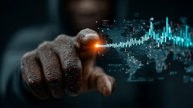 Fingertip interacts with dynamic digital stock market graph and world map data visualization, showing global financial analytics and trading trends. - Powered by Adobe