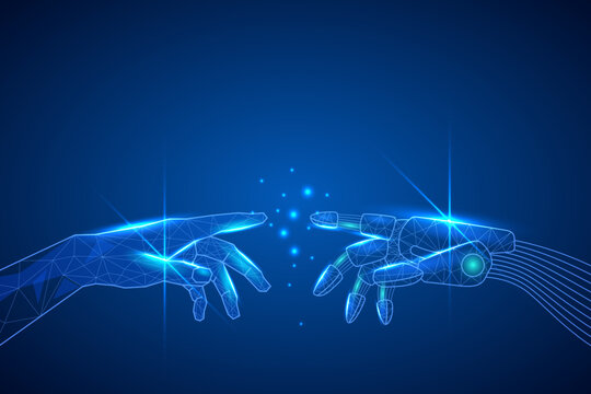 Glowing polygonal human and robotic hands reaching toward each other in a dark blue digital space. Symbolizes AI, technology, and human-machine collaboration. Perfect for futuristic and innovation vis