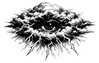 Hand drawn illustration of a mystical eye depicting a watchful gaze amidst stormy clouds with lightning for spiritual and occult themes