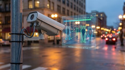 Surveillance camera mounted on a street pole displays motion analytics with glowing figures, showcasing advanced technology in urban environments and the future of security monitoring