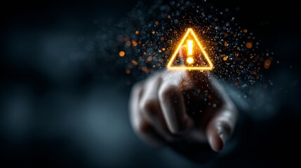Urgent alert notification glowing orange on dark background with finger pointing towards danger symbol, representing caution and critical warning for digital safety.