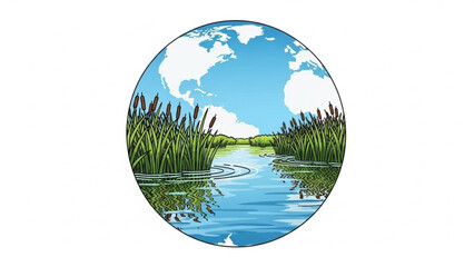 Serene landscape of a winding river with lush greenery and cattails under a blue sky with white clouds