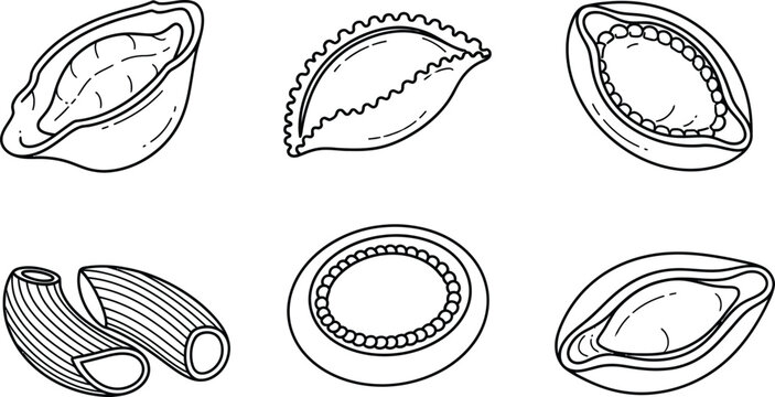 Outline illustration set of 6 filled pasta shapes ravioli tortellini agnolotti cappelletti and mezzelune