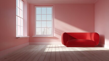 Red couch in pink room, sunny window