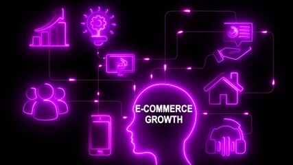 Digital network connections technology E-commerce Growth concept with glowing neon icon idea, teamwork, home, education, growth, smartphone, headphone, advice and data analysis on a dark background. - Powered by Adobe