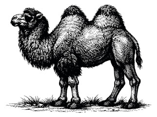 Hand drawn line art illustration of camel depicting standing for wildlife and nature concepts