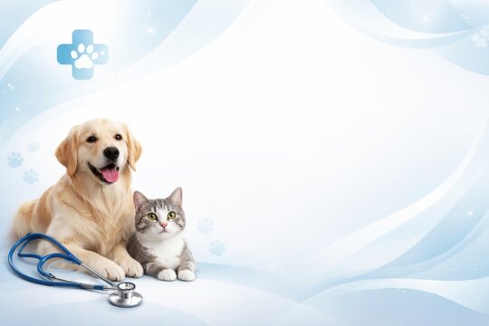 Golden Retriever and Gray Cat With Stethoscope Ready for Veterinary Checkup in Light Background