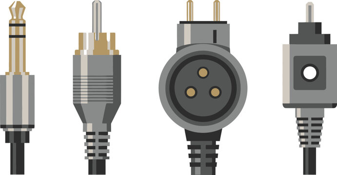  Set of 5 audio connector plugs flat illustration headphone jack rca connector xlr plug and optical cable.