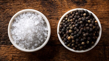 Salt and pepper in bowls on wood