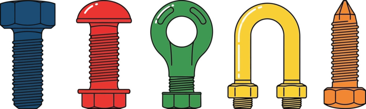 Set of 5 bolt types flat illustration hex bolt carriage bolt eye bolt u-bolt and lag bolt