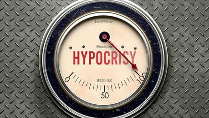 Hypocrisy that is hitting a full scale, showing a very high level of hypocrisy, overload of it, too much of it. Maximum value, off the charts.  ,3d illustration