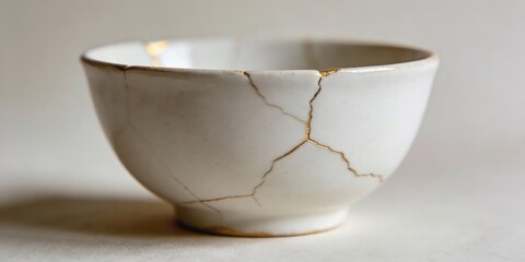 Kintsugi art beautifully repaired cracked white ceramic bowl