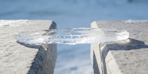 Clear ice chunk on concrete surface outdoors in winter