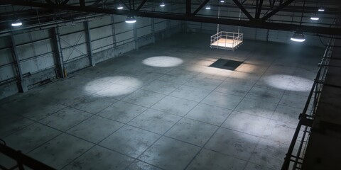 Abandoned warehouse interior with dim lighting and metal cage