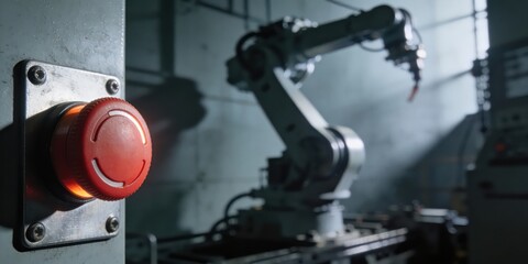 Industrial robot arm in factory setting with red emergency stop button