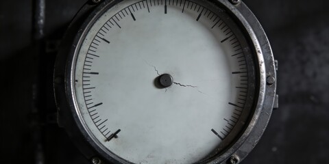 Close-up of old industrial pressure gauge with cracked dial face