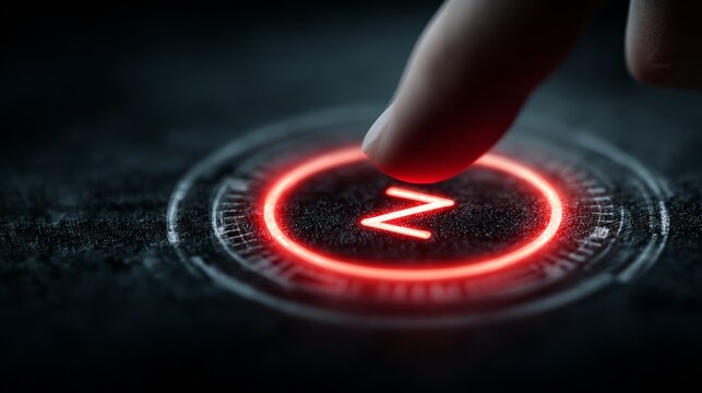 Finger pressing a glowing neon red button with the letter Z, signifying a start or critical action in a modern, high-tech interface. - Powered by Adobe