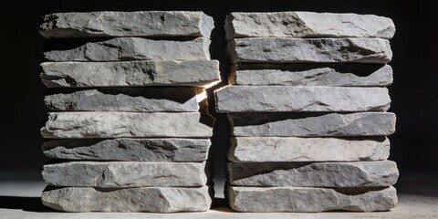 Split stone wall with light shining through the crack