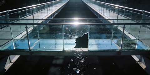 Broken glass on modern bridge with sun reflection