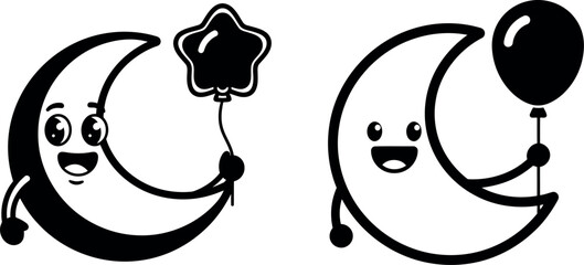 Cute cartoon moon with balloons for eid celebration vector illustration isolated on transparent background