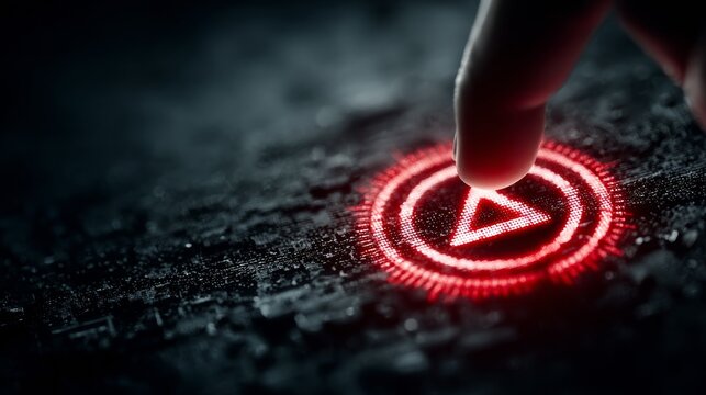 Finger presses glowing red play button on futuristic dark interface, initiating digital action and technological advancement - Powered by Adobe