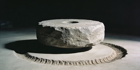 Ancient stone millstone on sandy surface with dramatic lighting