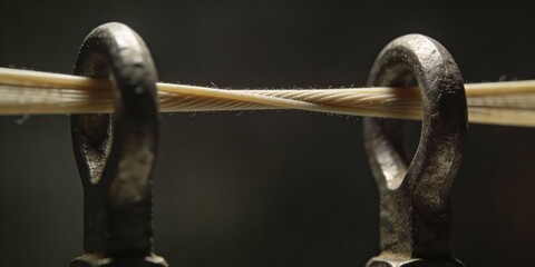 Close-up of metal hooks gripping a thin cable under tension