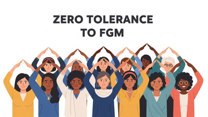 Diverse group of women with hands up in solidarity against female genital mutilation on white background