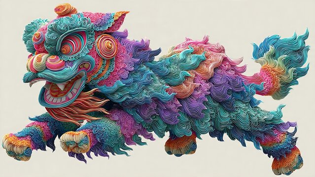 Vibrant Quilled Chinese Lion Dance Costume Art