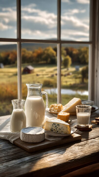 Milk and Camembert cheese are laid out on the table in the farmhouse