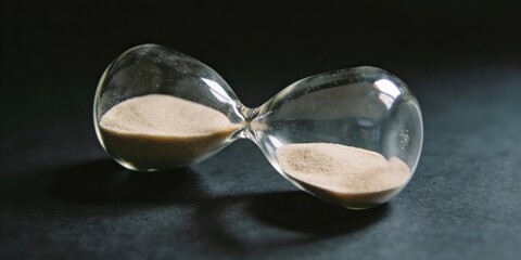 Elegant glass hourglass with sand on dark background