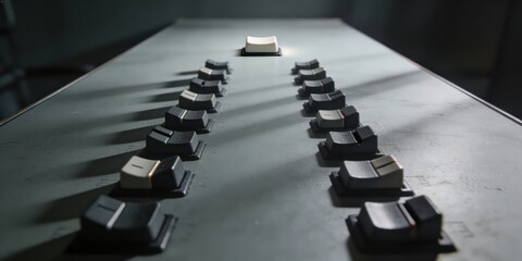 Unique keyboard keys arranged in two lines on gray surface