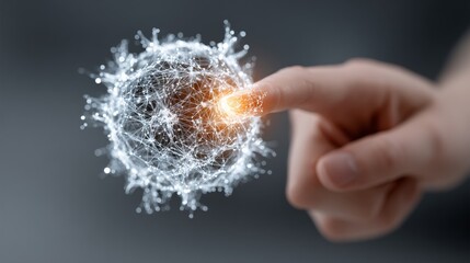 Futuristic digital network node illuminated by a human finger interacting with glowing connections, symbolizing innovation and data science discovery.