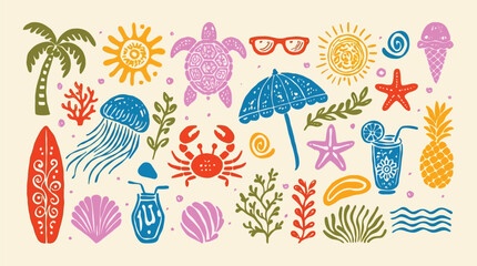 Summer doodle icon set with hand drawn tropical elements including sun, palm tree, jellyfish, turtle, surfboard, cocktail, swimsuit, coral and sea creatures, vacation symbol vector illustration pack