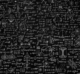 Wide black board with scientific formulas and calculations in physics and mathematics. Scientific and educational background.
