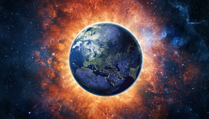 Planet Earth illuminated in outer space, glowing atmosphere, surrounding nebula, star field, global perspective, science and astronomy concept. Elements of this image furnished by NASA. © Tryfonov