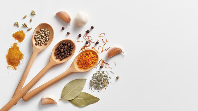 Different spices and herbs on wooden spoons with garlic and bay leaves - Powered by Adobe