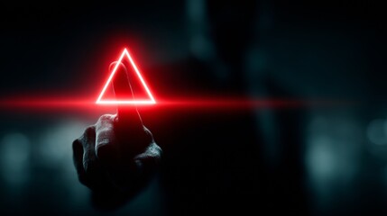 Futuristic hand activating glowing red triangle warning signal in dark cyberspace, concept for digital security and alerts