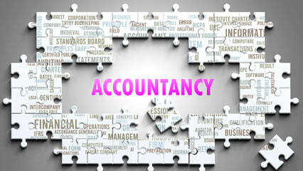 Accountancy as a complex subject, related to important topics. Pictured as a puzzle and a word cloud made of most important ideas and phrases related to accountancy. ,3d illustration