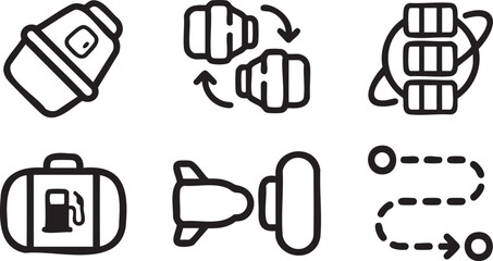 Set of six black and white representing travel and logistics concepts transportation © Laila