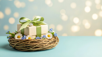 Easter scene in elegant style with gift box in wicker nest on blue surface against soft bokeh background with copy space.