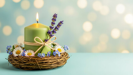 Easter scene in serene style with lit green candle in wicker nest on blue surface against soft bokeh background with copy space.