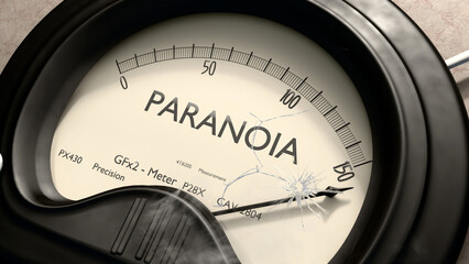 Paranoia meter showing high levels of paranoia. Dangerously increasing values of paranoia, critical overload. Too much, off the charts. Max paranoia ,3d illustration