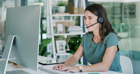 Contact us, typing and woman with computer in call center for help desk, language translation or...