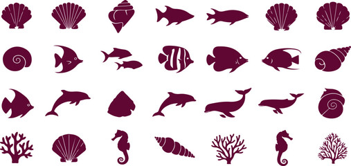 A collection of ocean creatures and shells in purple silhouette on a white background © Afiya bano