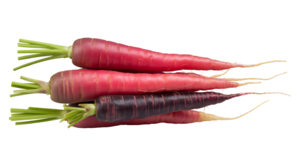 Close-up studio shot of a vibrant pile of colorful carrots with green leafy tops, isolated on transparent background